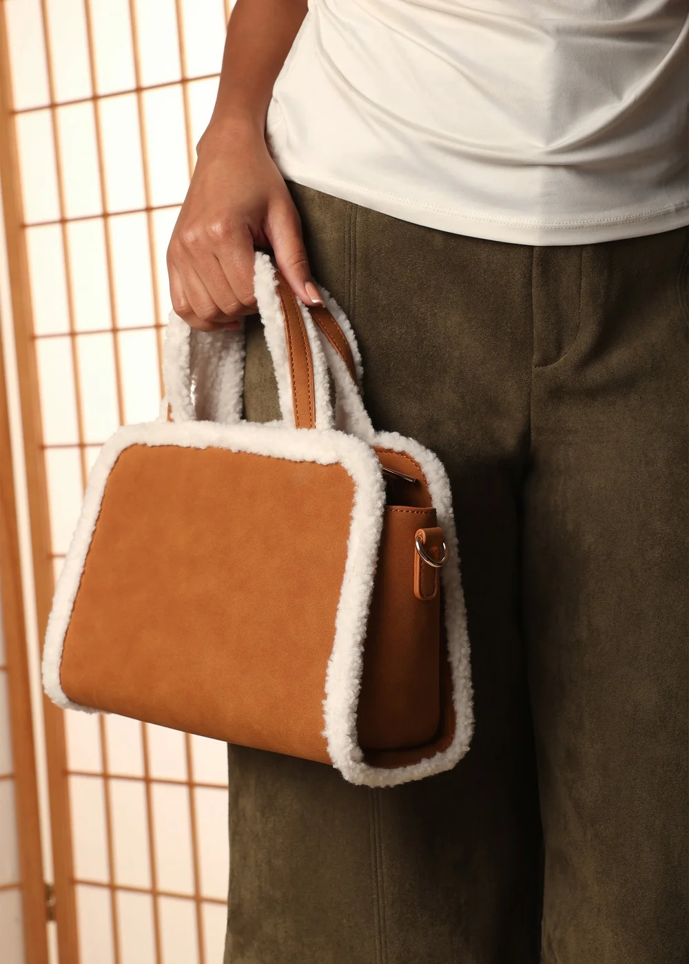 Where's That From Womens Kismet Borg Trim Tote Bag with Cross Body Strap In Camel - One Size Image 2
