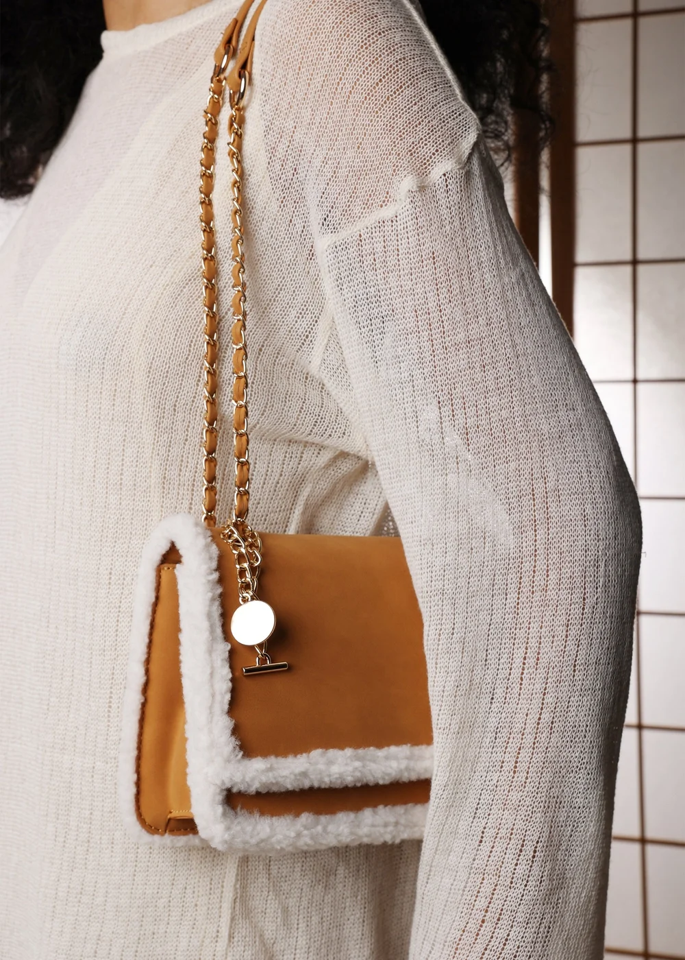 Where's That From Womens Freesia Top Handle Satchel Borg Trim Tote Bag In Tan - One Size Image 6