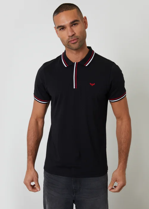 Threadbare Black Contrast Tipping Cotton Jersey Polo Shirt - S Image 1