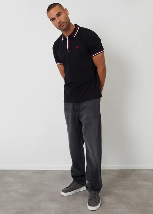 Threadbare Black Contrast Tipping Cotton Jersey Polo Shirt - S Image 3