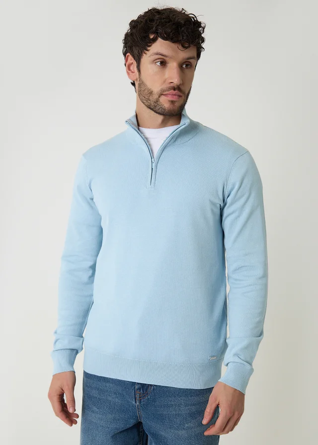 Threadbare Light Blue Funnel Neck Quarter Zip Knitted Jumper