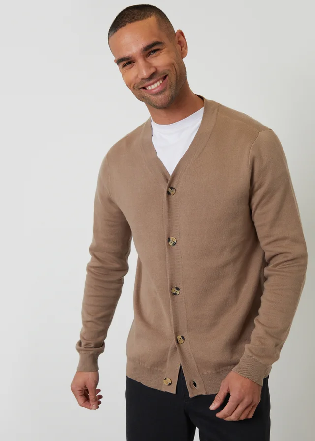 Threadbare Taupe Cotton Blend Knitted Cardigan
