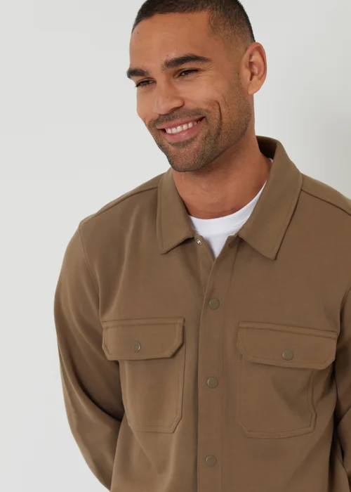 Threadbare Taupe Cotton Blend Popper Fastening Pique Shacket - S Image 4