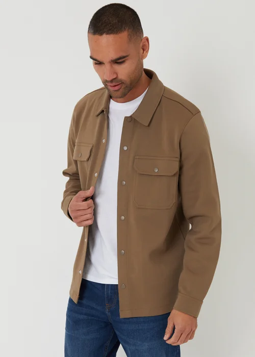 Threadbare Taupe Cotton Blend Popper Fastening Pique Shacket - S Image 1
