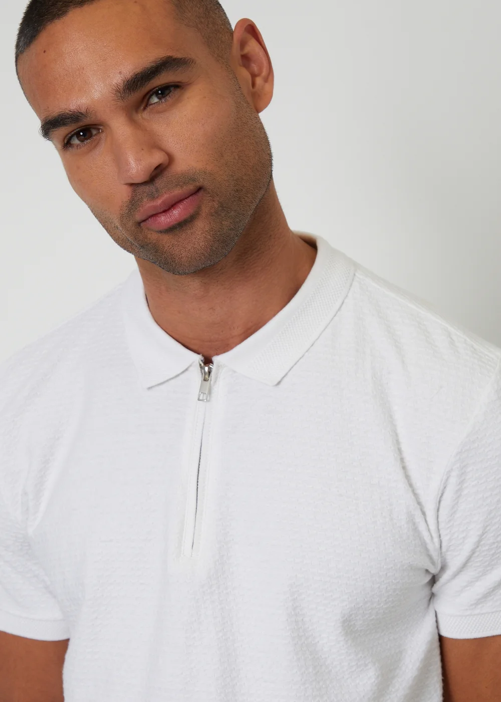 Threadbare White Textured Cotton Quarter Zip Polo Shirt - 2XL Image 3