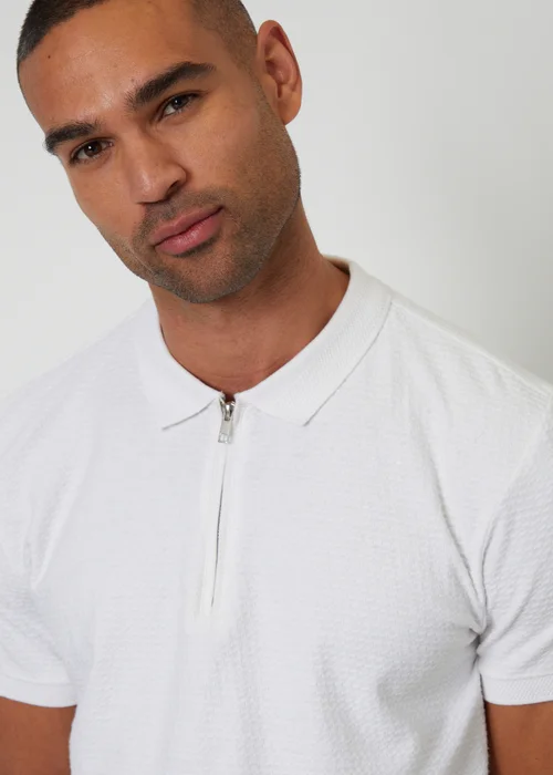 Threadbare White Textured Cotton Quarter Zip Polo Shirt - 2XL Image 3