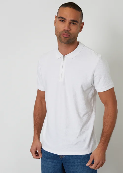 Threadbare White Textured Cotton Quarter Zip Polo Shirt - 2XL Image 1
