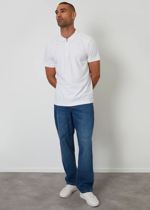 Threadbare White Textured Cotton Quarter Zip Polo Shirt - 2XL Image 4