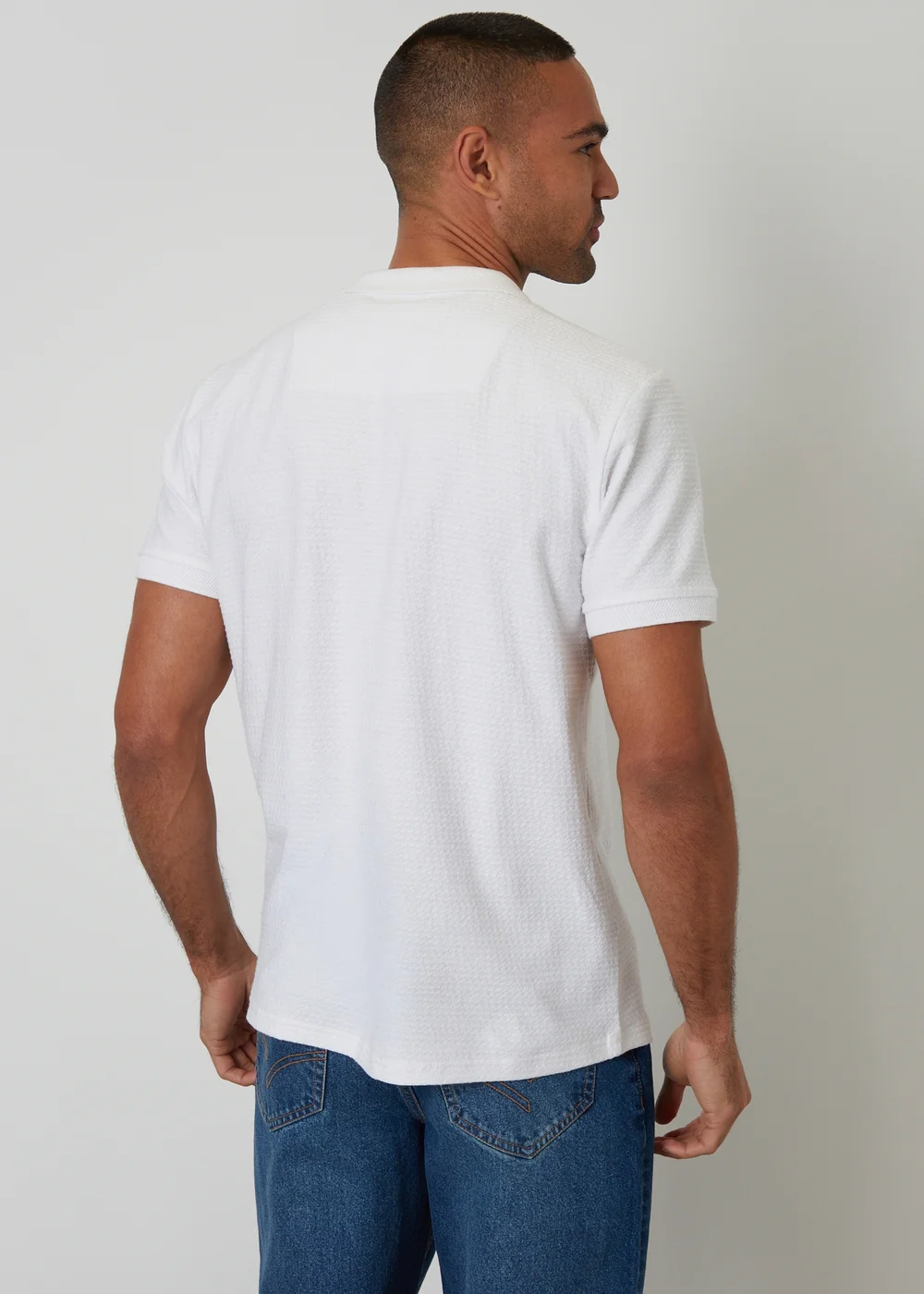 Threadbare White Textured Cotton Quarter Zip Polo Shirt - 2XL Image 2