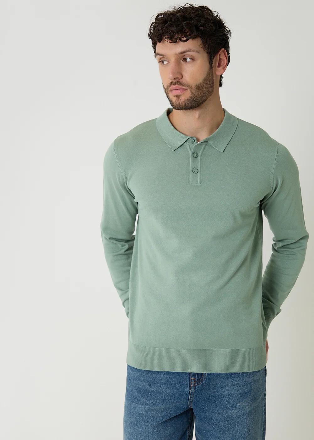 Threadbare Soft Green Knitted Long Sleeve Polo Jumper - XL Image 1