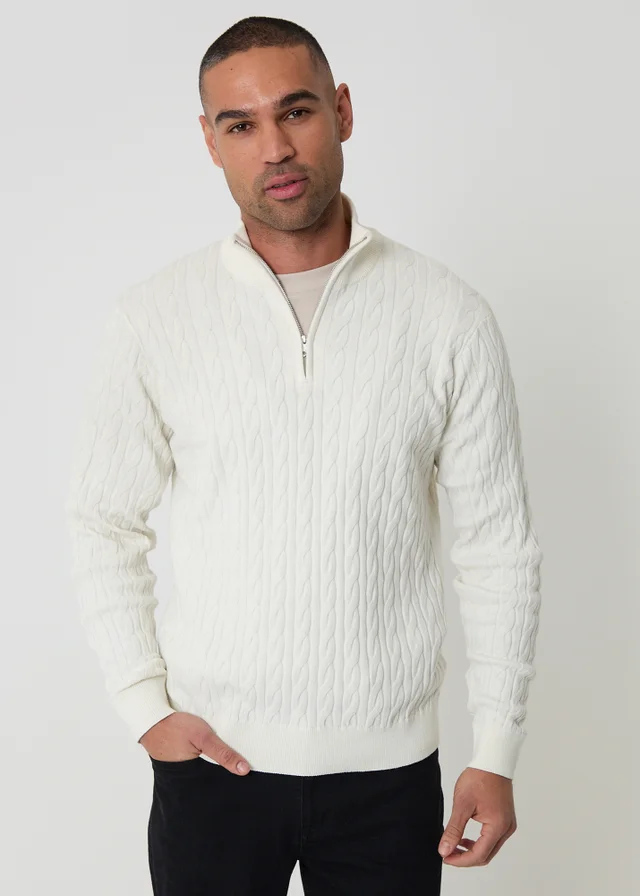 Threadbare Natural Cable Knit Quarter Zip Jumper