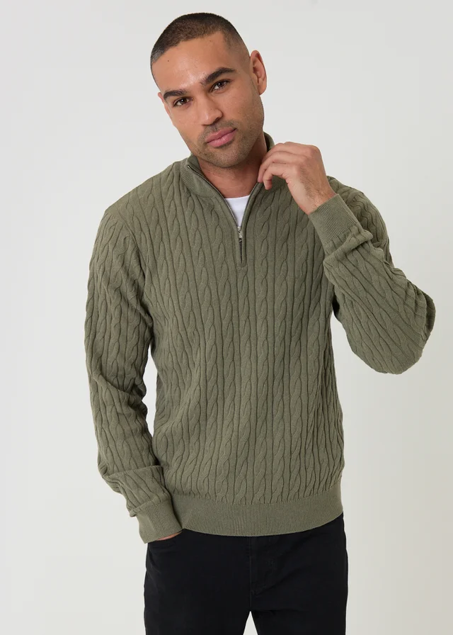 Threadbare Olive Cable Knit Quarter Zip Jumper