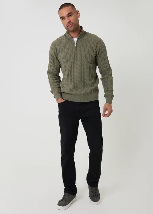 Threadbare Olive Cable Knit Quarter Zip Jumper - XL Image 3