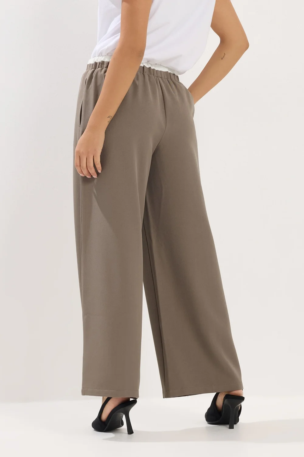 PixieGirl Petite Natural Brown Contrast Waist Wide Leg Trousers - 8/L27 Image 4