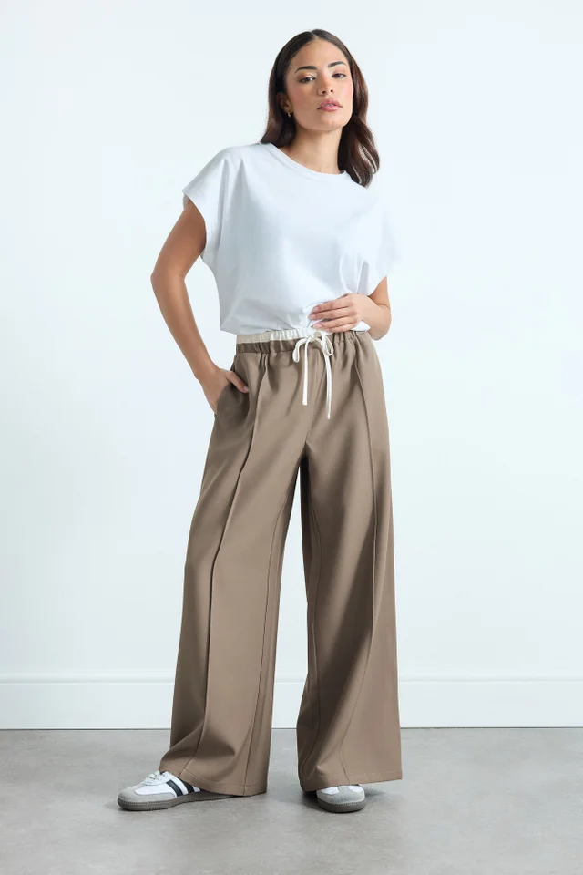 PixieGirl Petite Natural Brown Contrast Waist Wide Leg Trousers