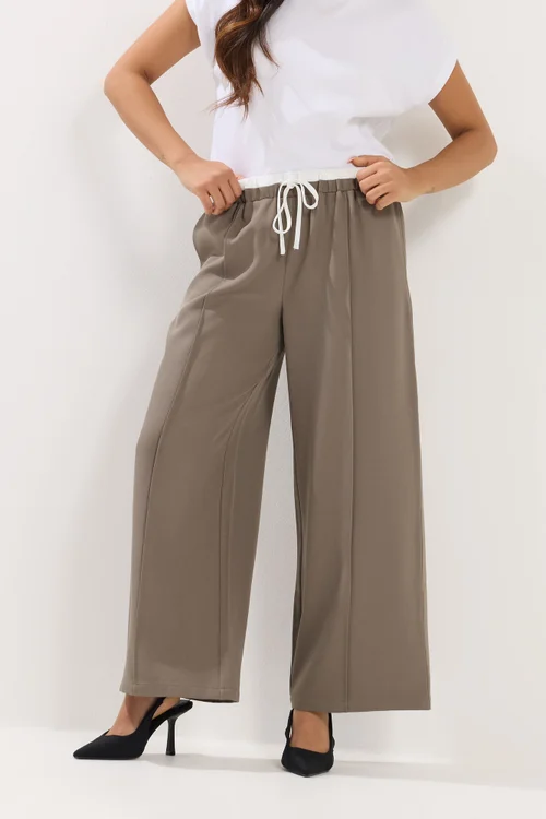 PixieGirl Petite Natural Brown Contrast Waist Wide Leg Trousers - 8/L27 Image 3