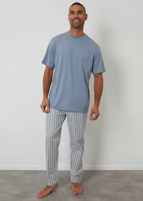 Threadbare Blue Pyjama T-Shirt & Stripe Bottoms Set - M Image 1