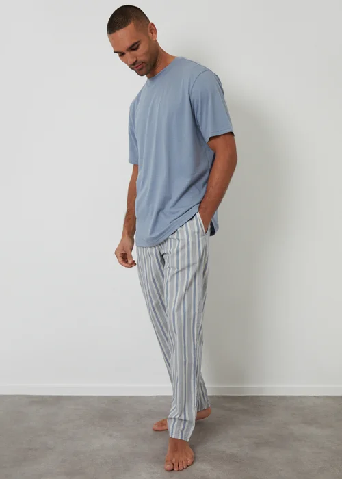 Threadbare Blue Pyjama T-Shirt & Stripe Bottoms Set - M Image 3