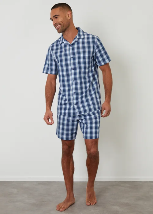 Threadbare Blue Check Cotton Short Sleeve Shirt & Shorts Pyjama Set - S Image 3