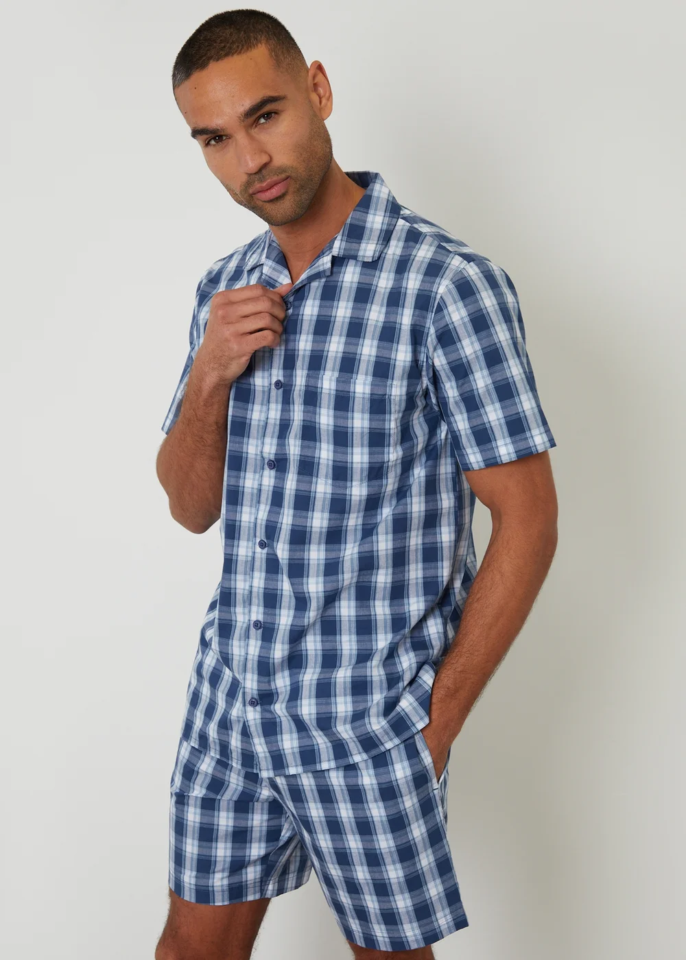 Threadbare Blue Check Cotton Short Sleeve Shirt & Shorts Pyjama Set - S Image 1