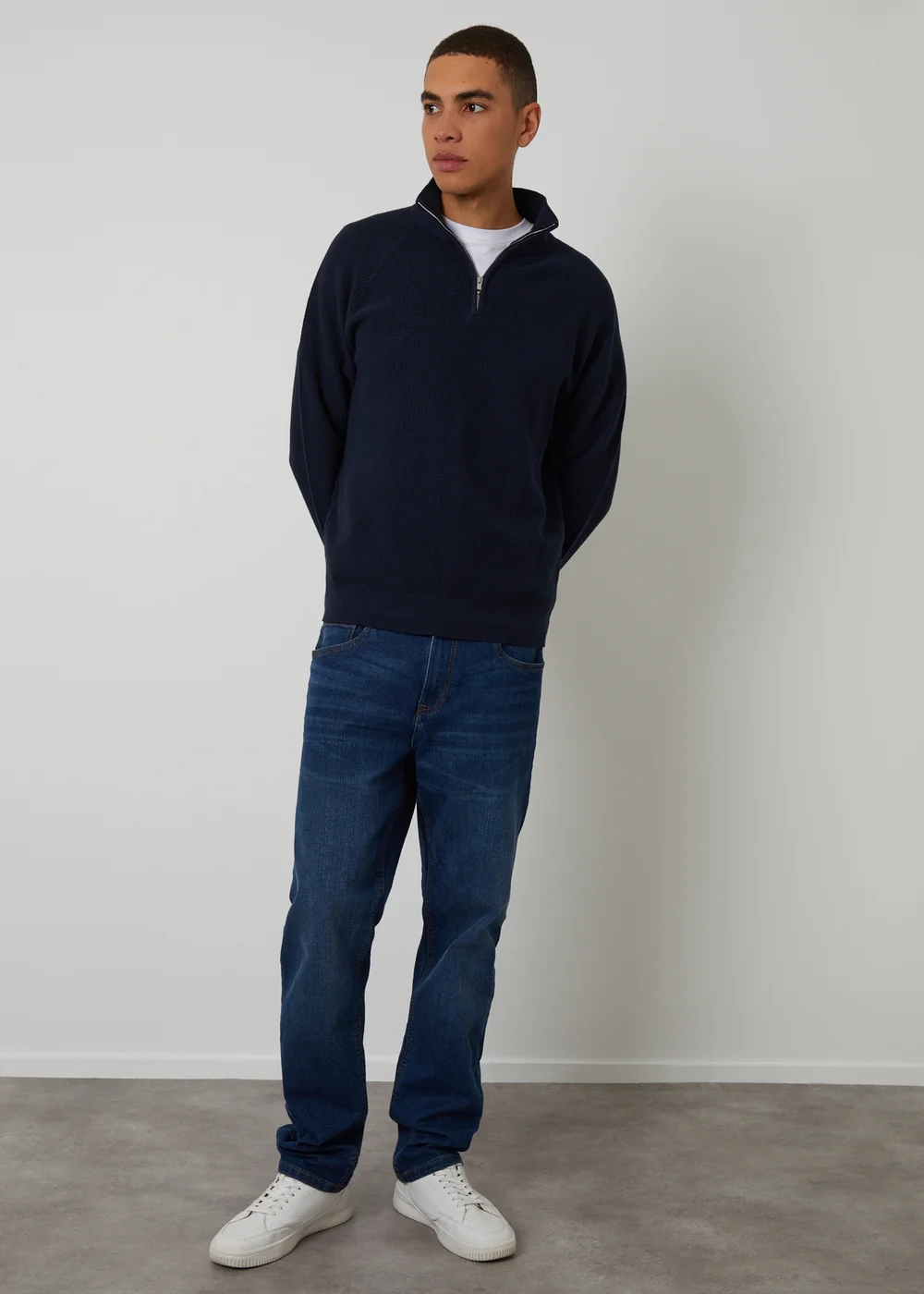 Threadbare Navy Waffle Knit Raglan Quarter Zip Jumper - 2XL Image 3