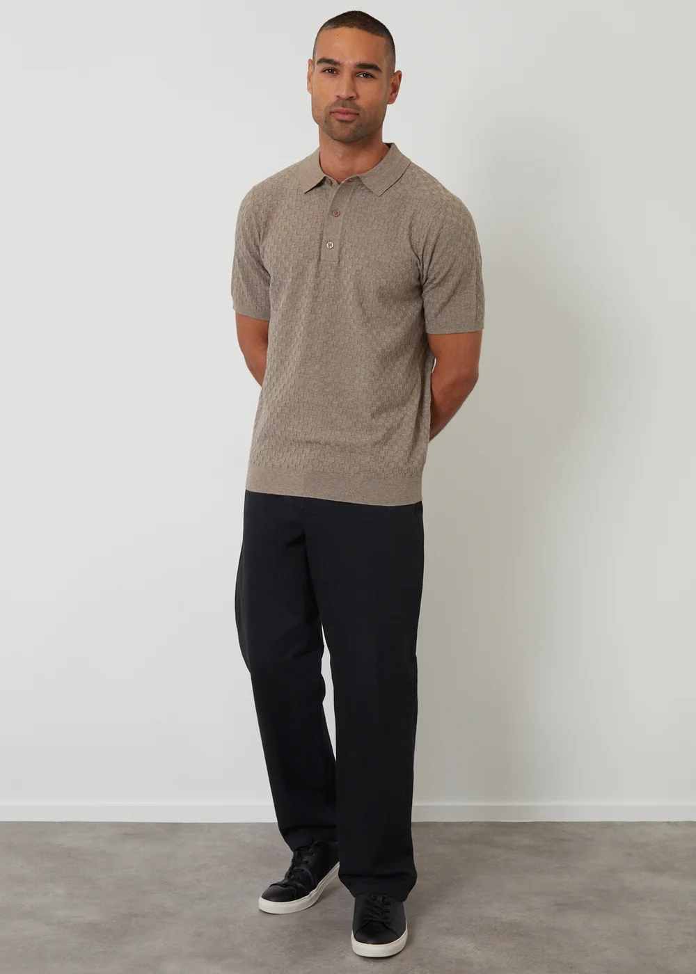 Threadbare Taupe Basket Stitch Short Sleeve Knitted Polo - 2XL Image 3