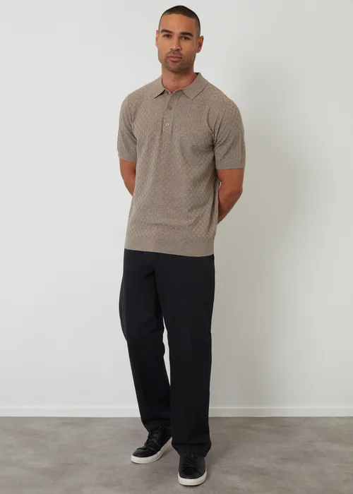Threadbare Taupe Basket Stitch Short Sleeve Knitted Polo - 2XL Image 3