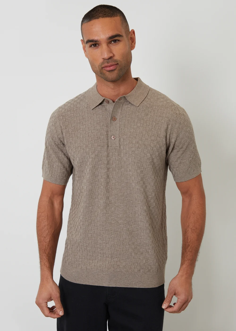 Threadbare Taupe Basket Stitch Short Sleeve Knitted Polo - 2XL Image 1