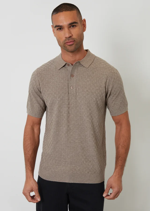 Threadbare Taupe Basket Stitch Short Sleeve Knitted Polo