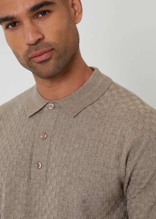 Threadbare Taupe Basket Stitch Short Sleeve Knitted Polo - 2XL Image 4