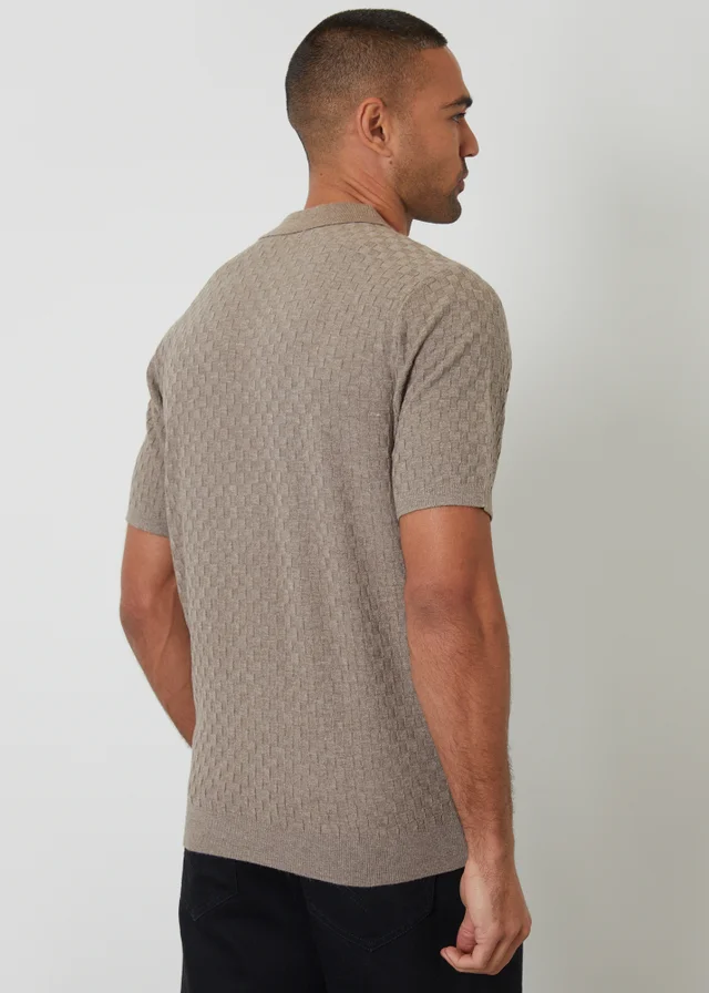 Threadbare Taupe Basket Stitch Short Sleeve Knitted Polo