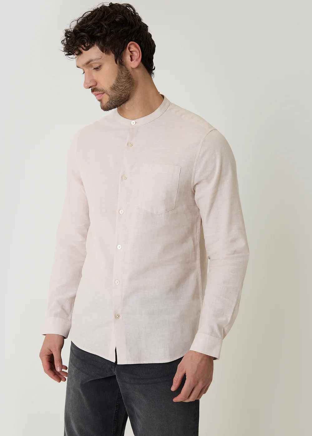 Threadbare Stone Linen Blend Long Sleeve Grandad Collar Shirt - S Image 1