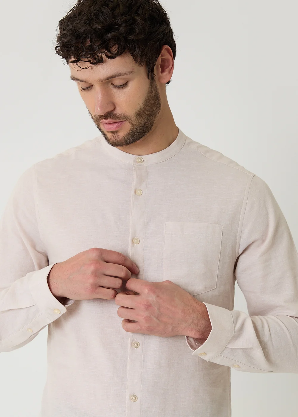 Threadbare Stone Linen Blend Long Sleeve Grandad Collar Shirt - S Image 4