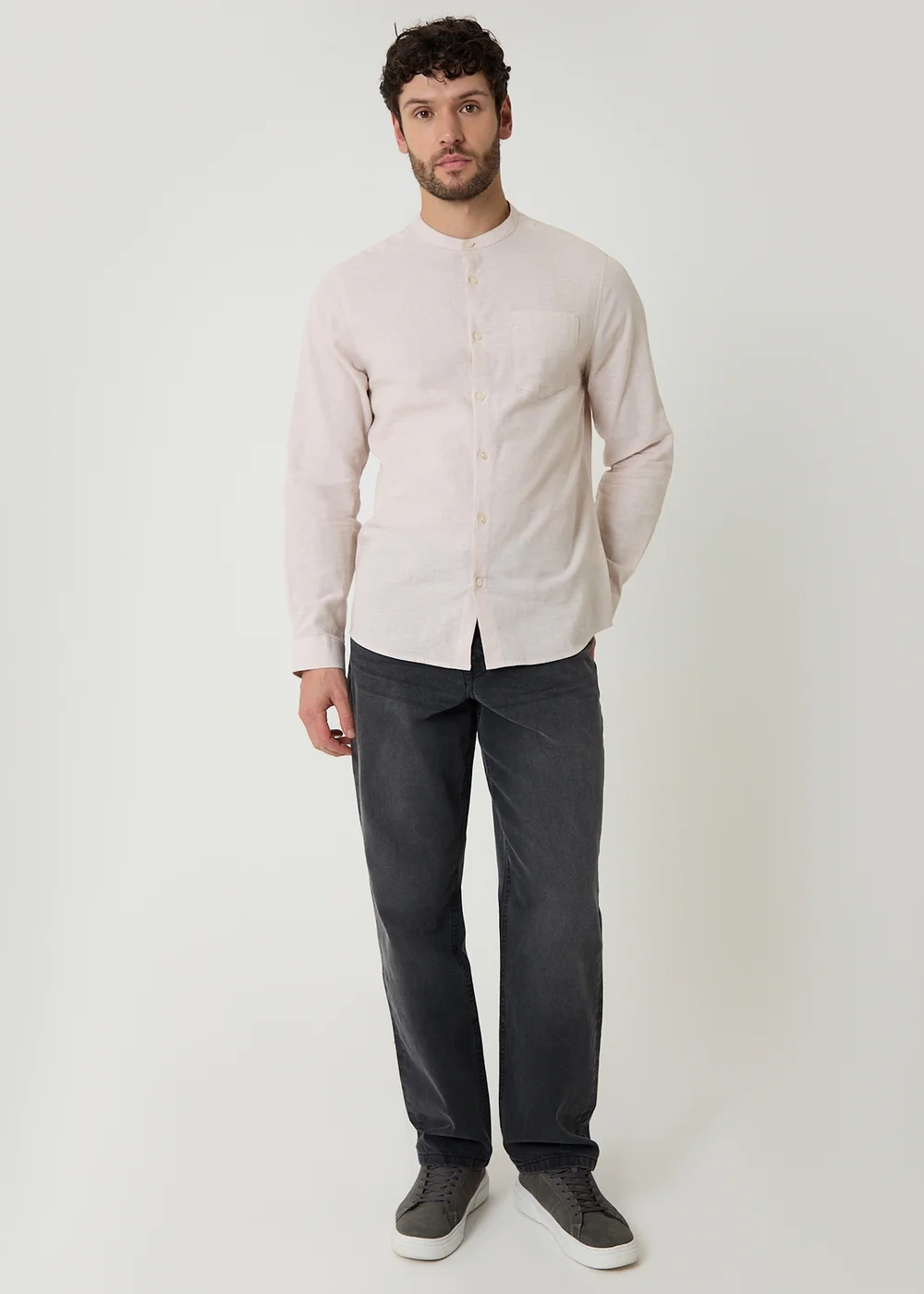 Threadbare Stone Linen Blend Long Sleeve Grandad Collar Shirt - S Image 3