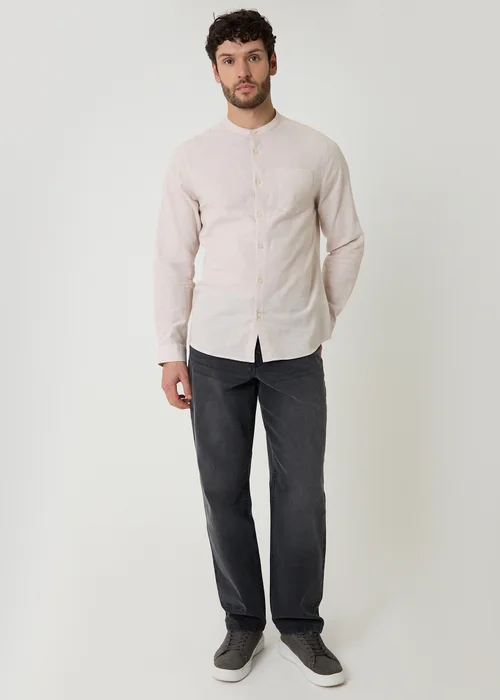 Threadbare Stone Linen Blend Long Sleeve Grandad Collar Shirt - S Image 3