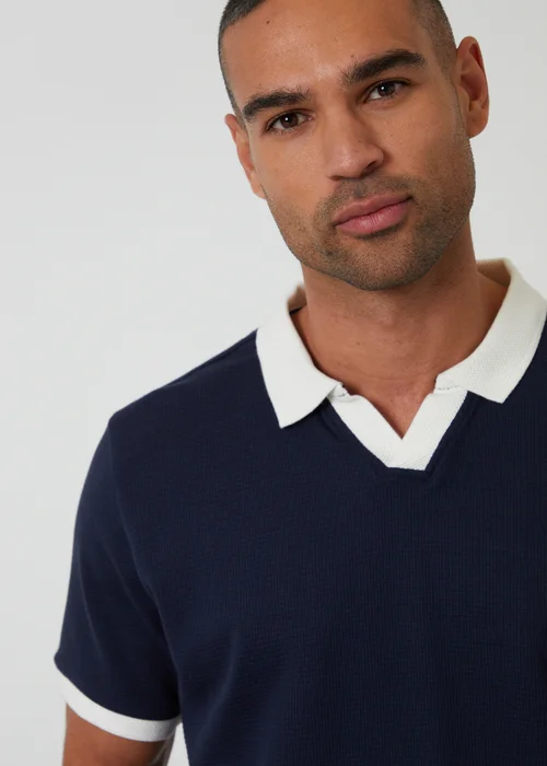 Threadbare Navy Trophy Neck Waffle Polo Shirt - L Image 4