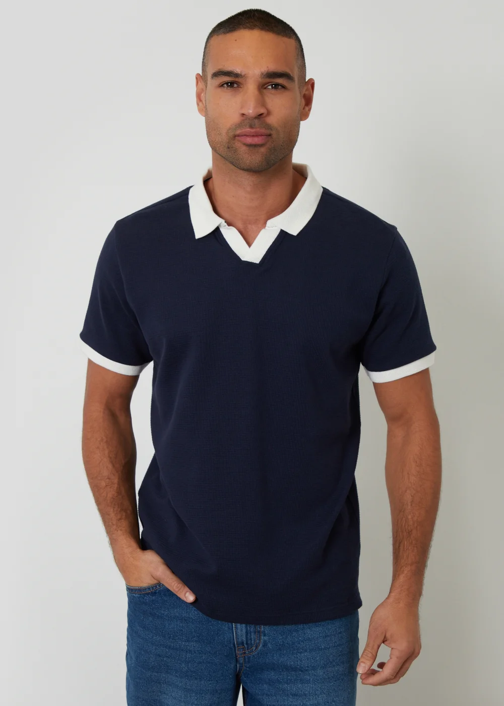 Threadbare Navy Trophy Neck Waffle Polo Shirt - L Image 1