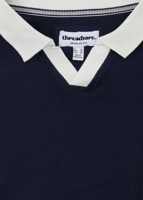 Threadbare Navy Trophy Neck Waffle Polo Shirt - L Image 5