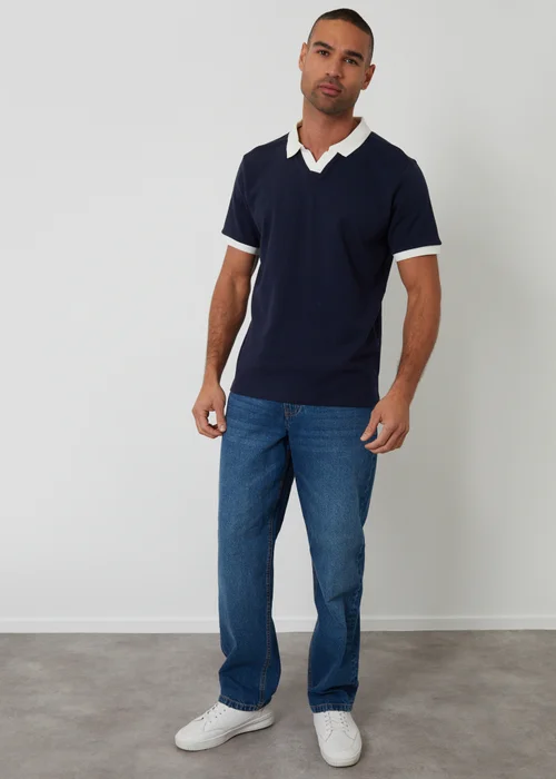 Threadbare Navy Trophy Neck Waffle Polo Shirt - L Image 3