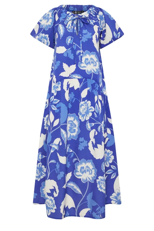 PixieGirl Petite Blue Floral Tie Neck Midi Dress - 16 Image 5