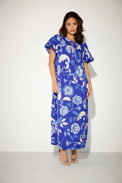 PixieGirl Petite Blue Floral Tie Neck Midi Dress - 16 Image 1