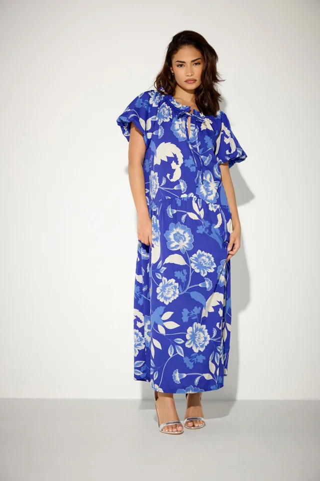 PixieGirl Petite Blue Floral Tie Neck Midi Dress