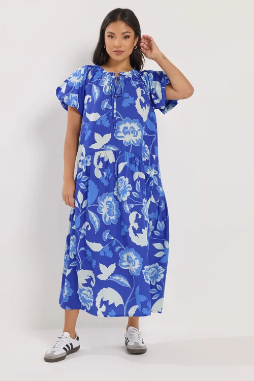 PixieGirl Petite Blue Floral Tie Neck Midi Dress - 16 Image 3