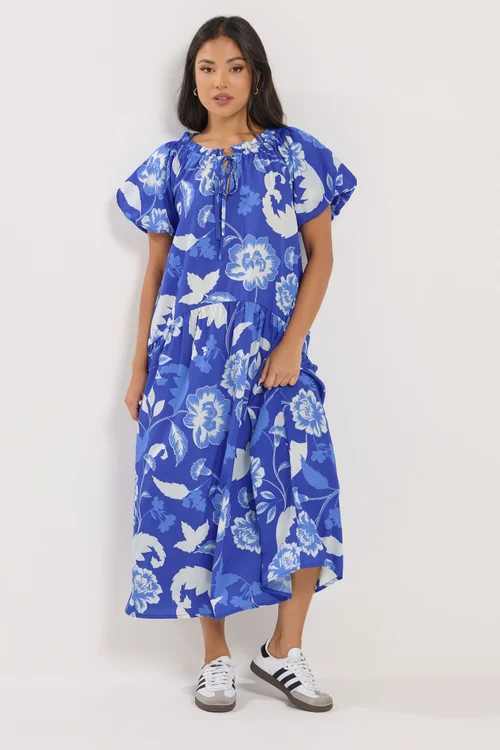 PixieGirl Petite Blue Floral Tie Neck Midi Dress - 16 Image 1