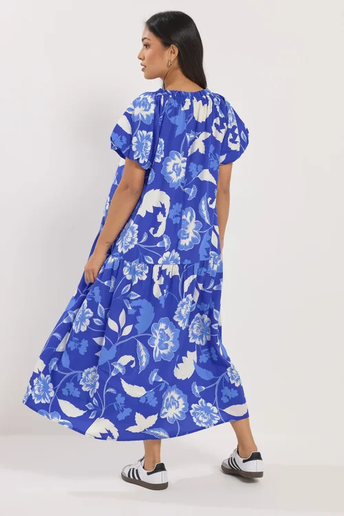PixieGirl Petite Blue Floral Tie Neck Midi Dress - 16 Image 4