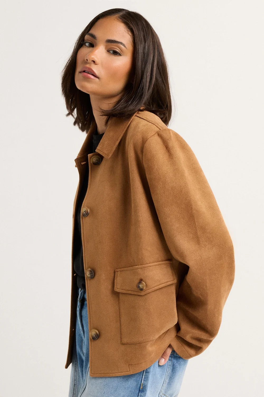 PixieGirl Petite Camel Brown Suedette Patch Pocket Jacket - 10 Image 2