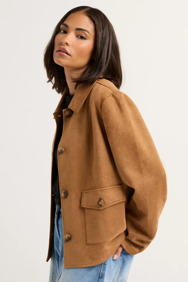 PixieGirl Petite Camel Brown Suedette Patch Pocket Jacket