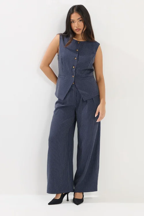 PixieGirl Petite Navy Blue Pinstripe Wide Leg Trousers - 14/L27 Image 3