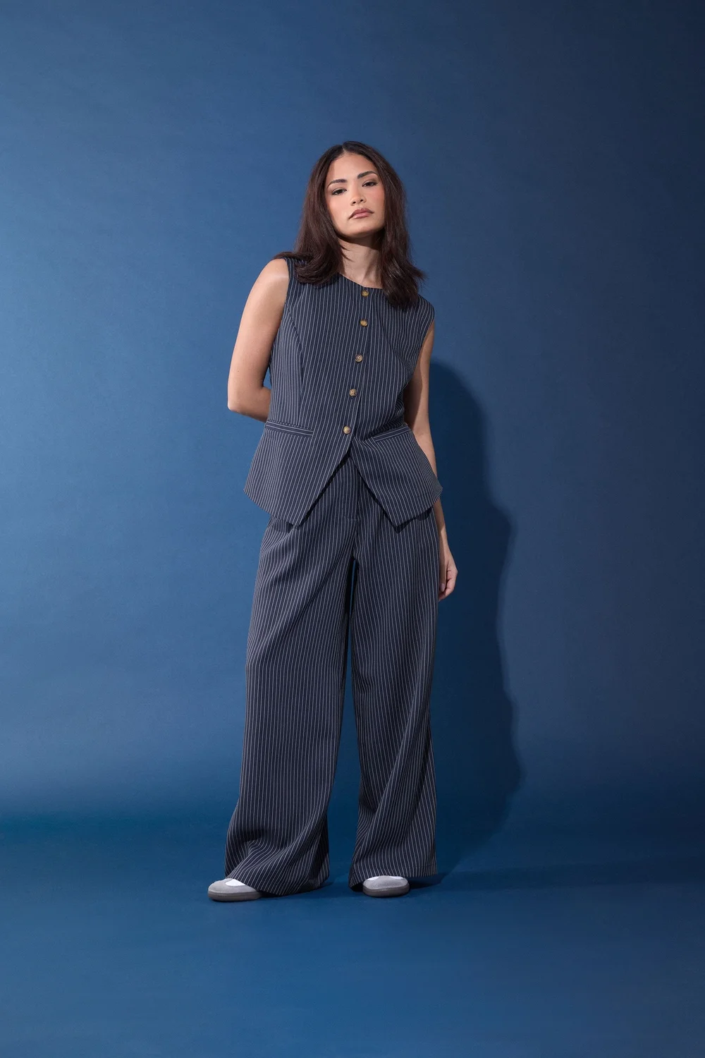 PixieGirl Petite Navy Blue Pinstripe Wide Leg Trousers - 14/L27 Image 1