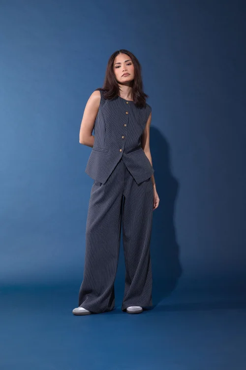 PixieGirl Petite Navy Blue Pinstripe Wide Leg Trousers - 14/L27 Image 1